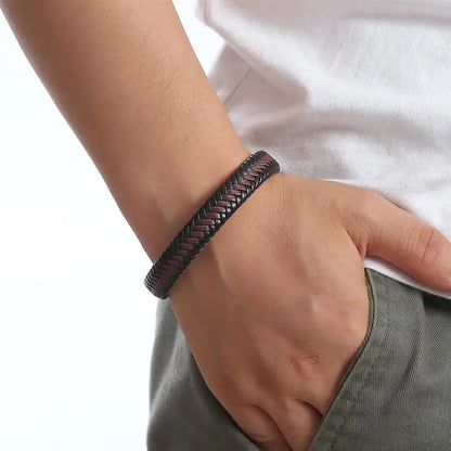 Bracelet Cuir Tressé Main Homme – Boucle Magnétique Classique Cadeau Couple
