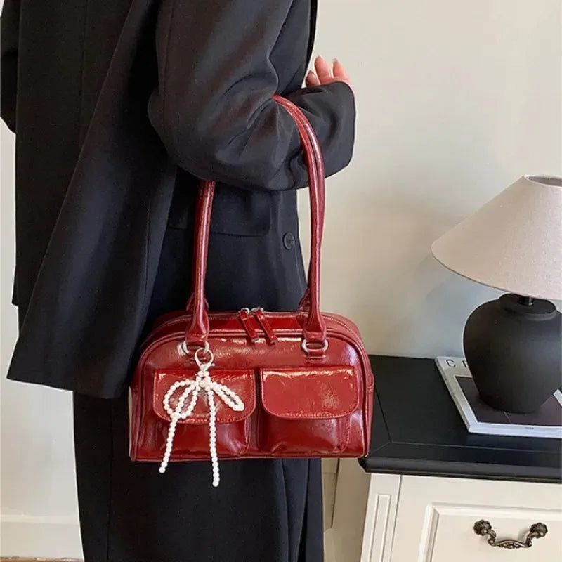 Sac à Bandoulière Femme Cuir PU Vintage - Grand Sac à Main Bordeaux pour Travail