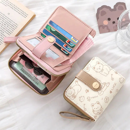 Portefeuille Femme Chat Mignon Cuir PU - Porte-Monnaie Court Grande Capacité Voyage
