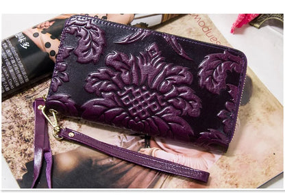 Portefeuille Femme Cuir Véritable Vintage Floral - Grande Capacité Clutch Pochette en Cuir de Vache