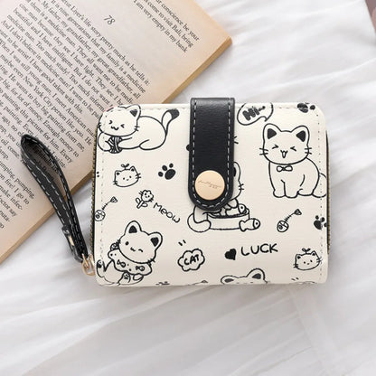 Portefeuille Femme Chat Mignon Cuir PU - Porte-Monnaie Court Grande Capacité Voyage
