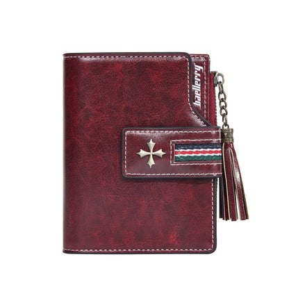 Portefeuille Femme Cuir Ciré Glands - Porte-Monnaie Tri-Fold Multi-Fentes Fermeture Éclair