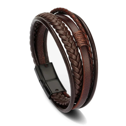Bracelet Cuir Multicouche Tressé Homme – Acier Inoxydable 21 cm 14 Coloris Cadeau
