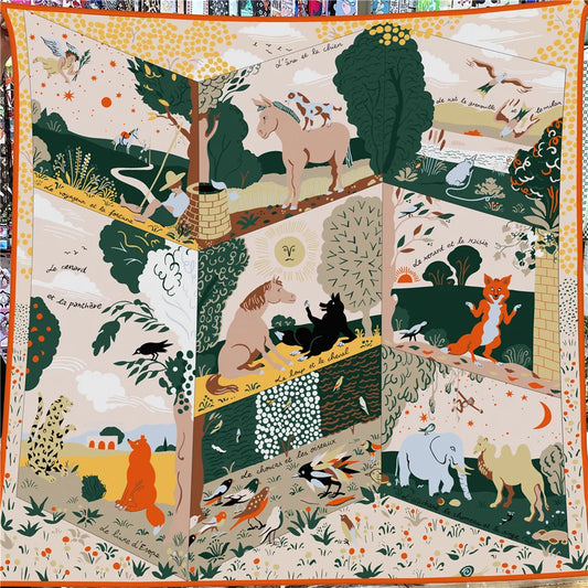 Women's 135cm Square Silk Cashmere Scarf with Animal Print - Luxury Hand-Rolled Hijab Shawl