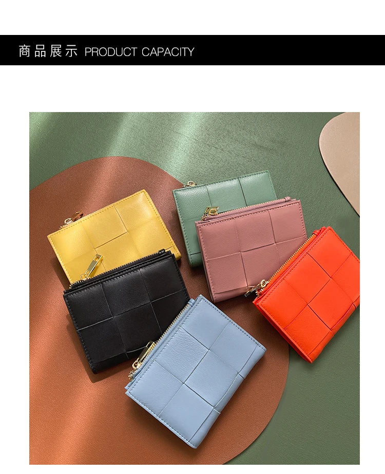 Portefeuille Femme Cuir Tressé - Porte-Monnaie Bifold Multi-Cartes Compact
