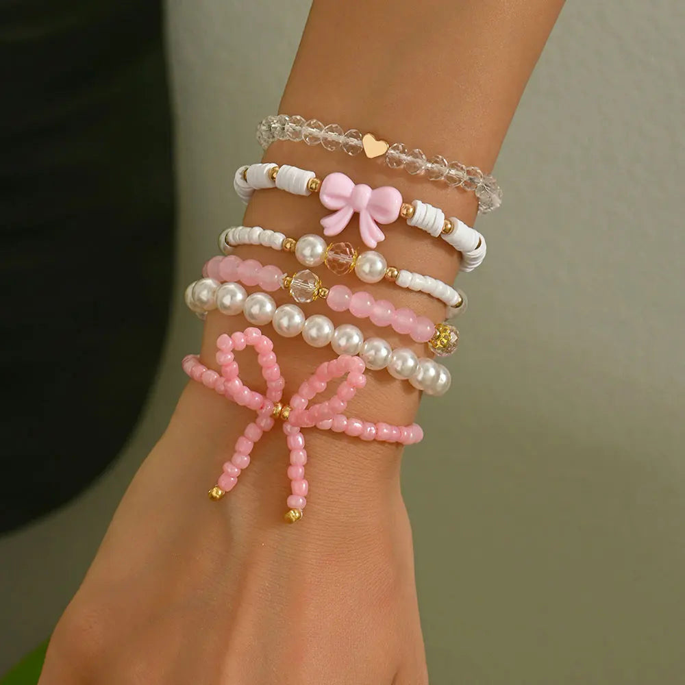 Ensemble 6 Bracelets Roses Nœuds Cœurs Y2K – Perles Acrylique Bohème