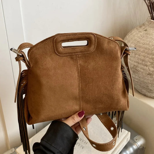 Sac à Main Femme Daim Vintage Style Français - Sac Bandoulière Épaule Glands Café