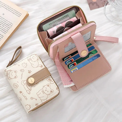 Portefeuille Femme Chat Mignon Cuir PU - Porte-Monnaie Court Grande Capacité Voyage