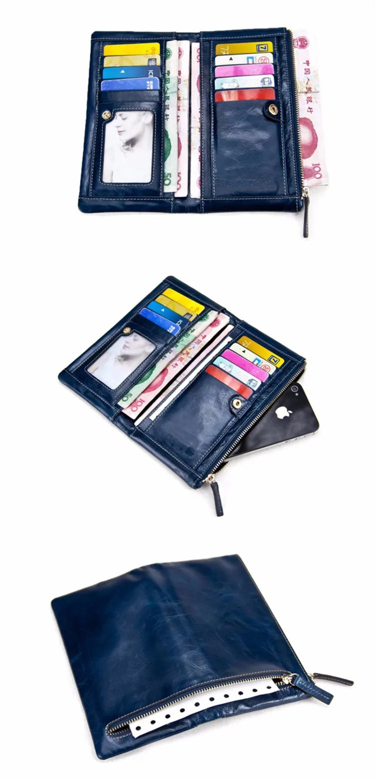 Portefeuille Femme Cuir Véritable Long - Porte-Monnaie Luxe Huile Végétale Casual