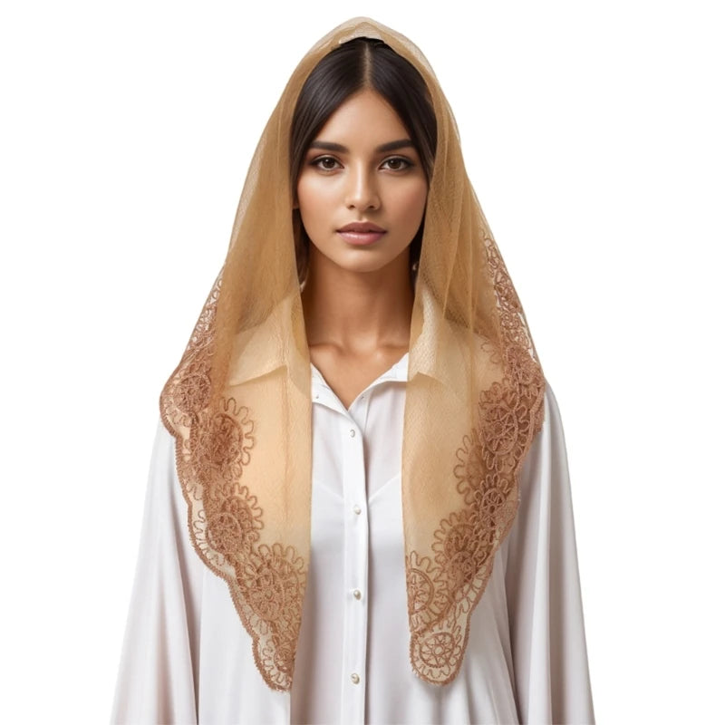 Foulard Mantille Dentelle Élégant Femme - Voile Église Catholique Mariée Photo Beige