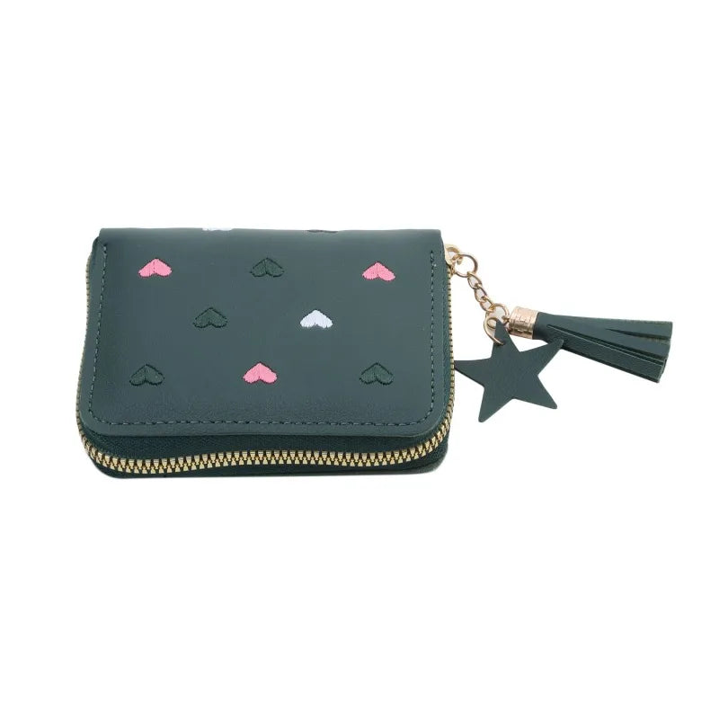 Portefeuille Femme Mini Court Pompon Zippé - Porte-Monnaie Cuir PU Cute Porte-Carte Main Vert