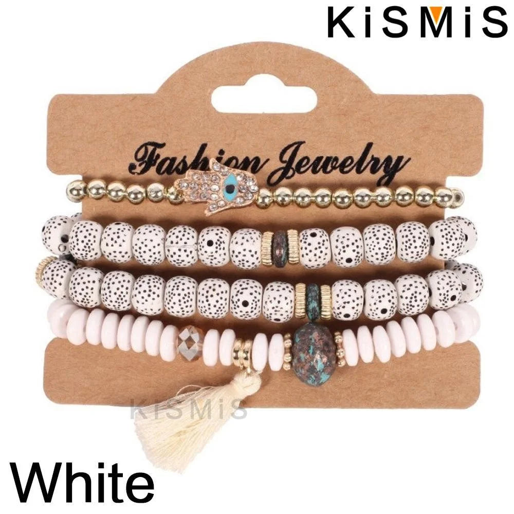 Set de 4 Bracelets Bohèmes Superposables - Œil Protecteur et Pompon