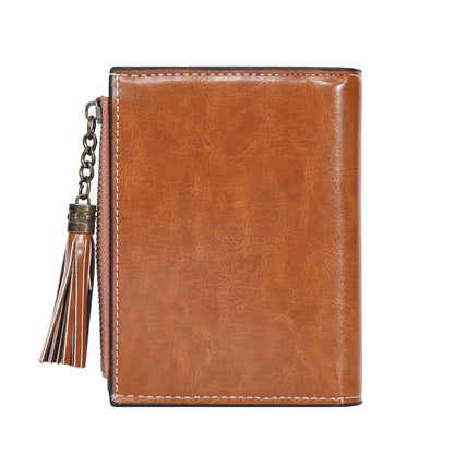 Portefeuille Femme Cuir Ciré Glands - Porte-Monnaie Tri-Fold Multi-Fentes Fermeture Éclair