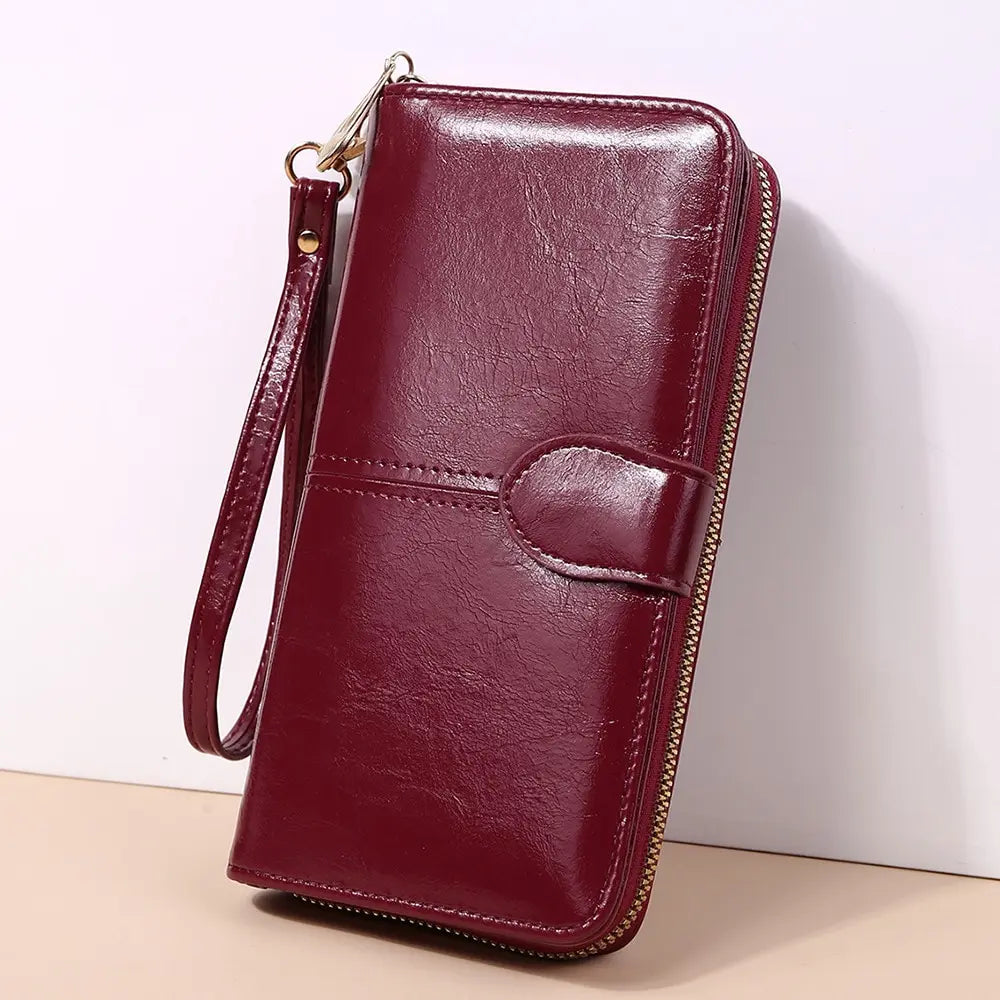 Portefeuille Clutch Femme Cuir PU Vintage - Grande Capacité Téléphone Bracelet Porte-Cartes Rouge Vin