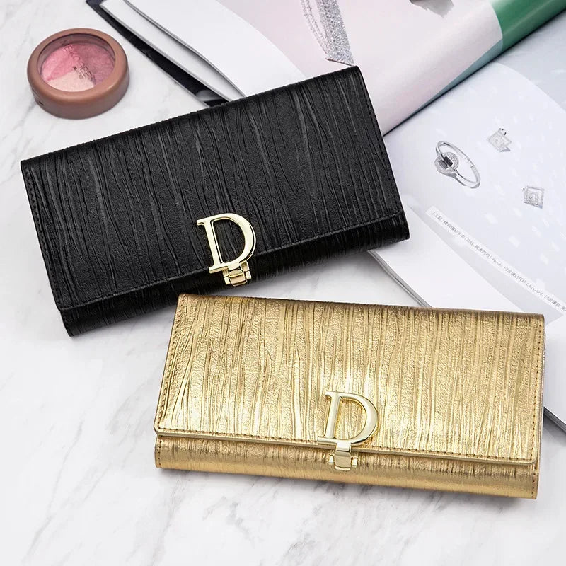 Portefeuille Long Femme Cuir Véritable Luxe - Porte-Cartes Téléphone Rayures Élégant