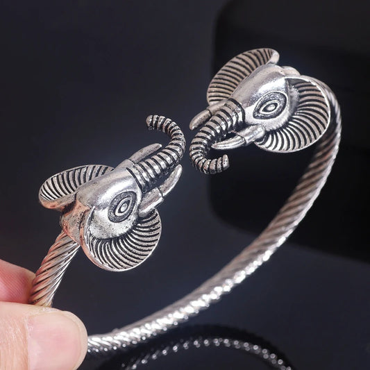 Bracelet Manchette Bohème Éléphant - Jonc Ouvert Argent Antique Ethnique