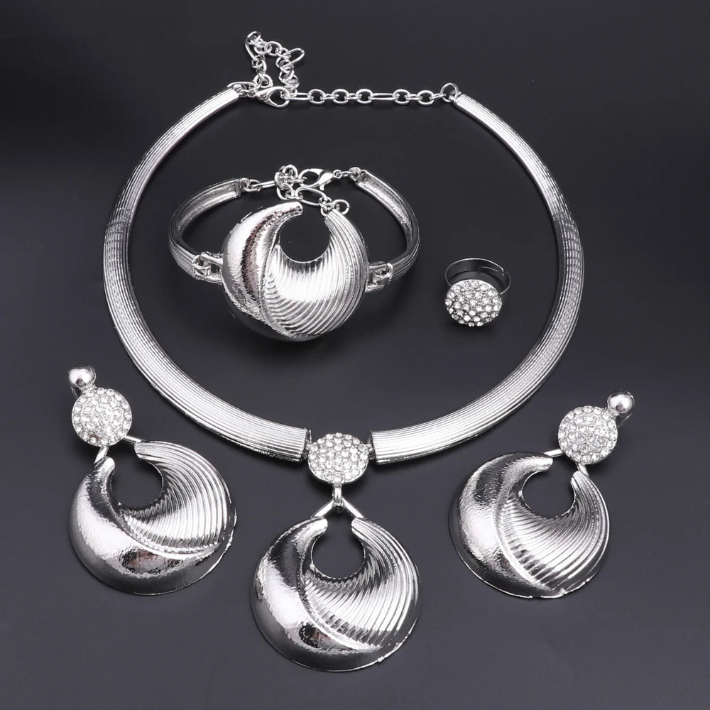 Ensemble Bijoux Dubai Luxe Plaqué Argent Cristaux – Collier Boucles Bracelet Bague Mariée