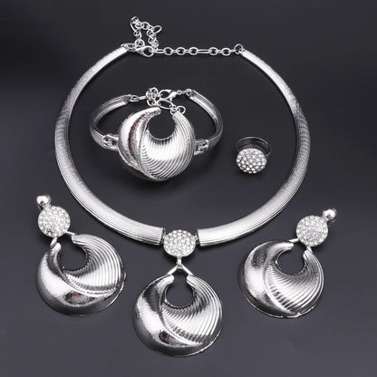 Ensemble Bijoux Dubai Luxe Plaqué Argent Cristaux – Collier Boucles Bracelet Bague Mariée