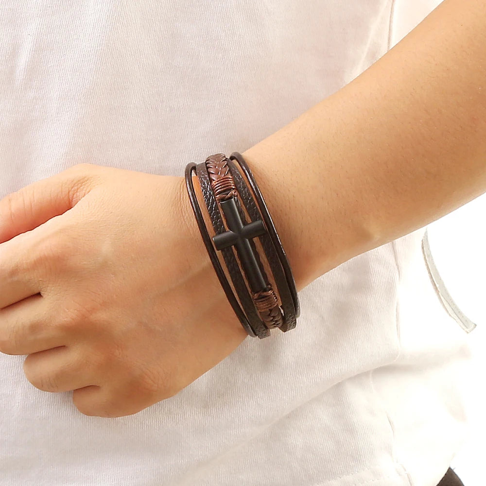 Bracelet Cuir Tressé Multicouche Punk – Boucle Magnétique Croix Homme