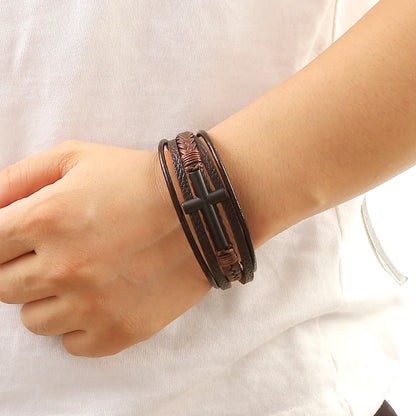 Bracelet Cuir Tressé Multicouche Punk – Boucle Magnétique Croix Homme