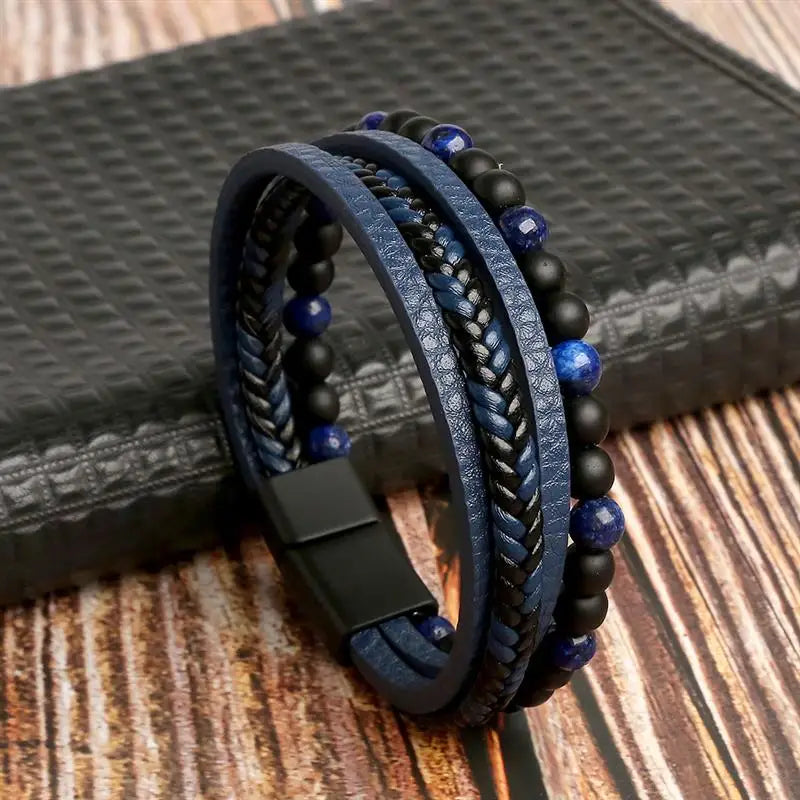 Bracelet en Cuir Tissé Main Multi-Couches pour Homme - Combinaison Classique Punk