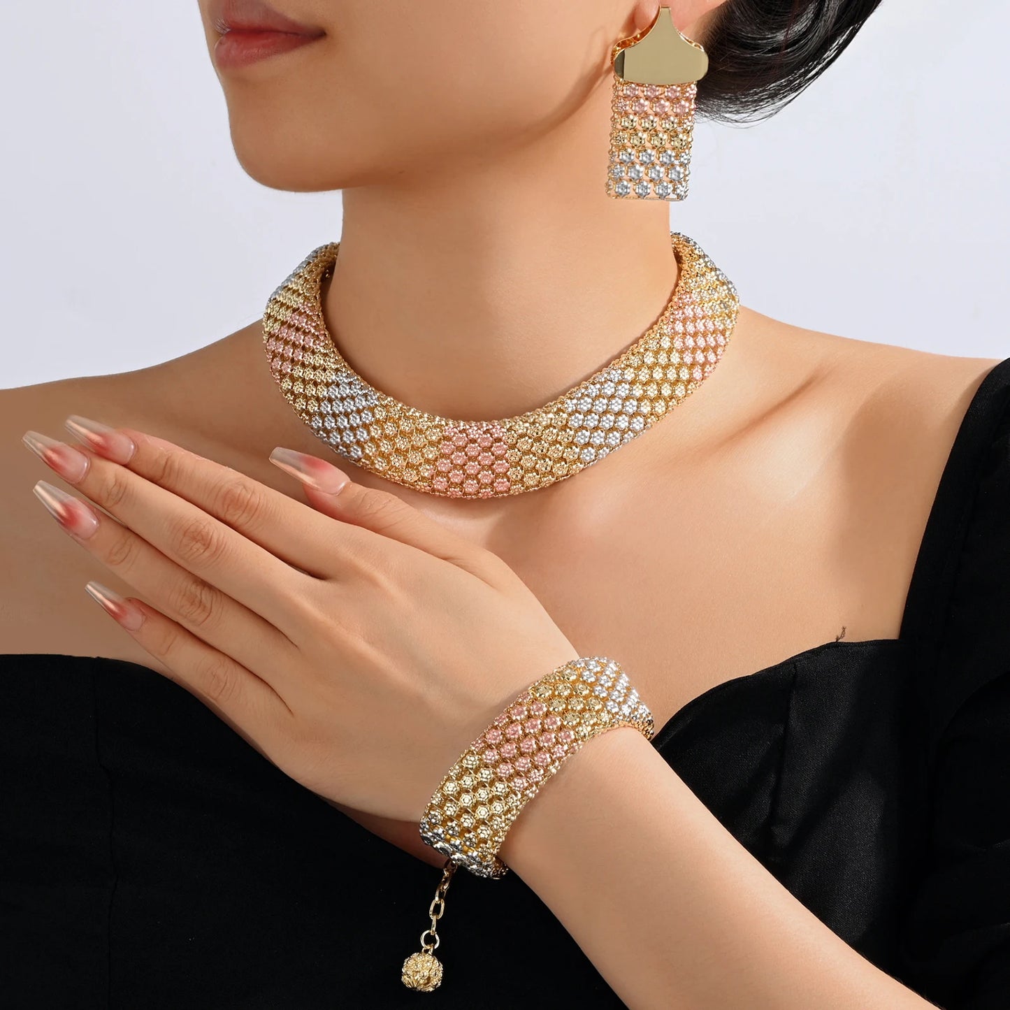 Parure Bijoux Dubai Luxe Mariée – Collier Statement Bracelet Boucles Cristaux