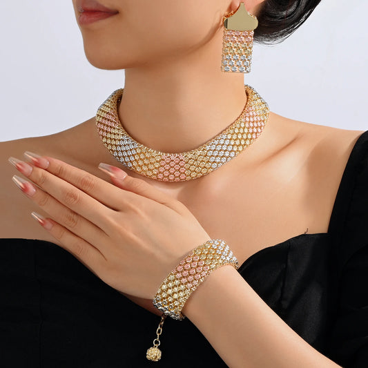 Parure Bijoux Dubai Luxe Mariée – Collier Statement Bracelet Boucles Cristaux