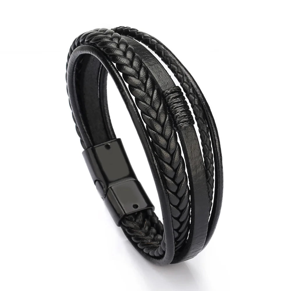 Bracelet Cuir Multicouche Tressé Homme – Acier Inoxydable 21 cm 14 Coloris Cadeau