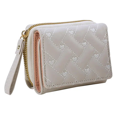 Porte-Monnaie Femme Cœur Brodé Cuir PU - Petit Portefeuille Trifold avec Lanière