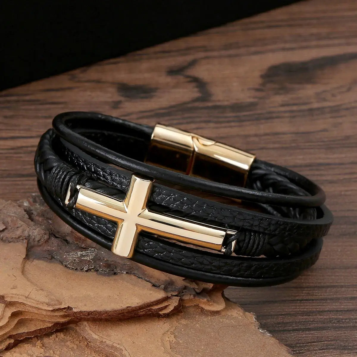 Bracelet Cuir Tressé Multicouche Punk – Boucle Magnétique Croix Homme