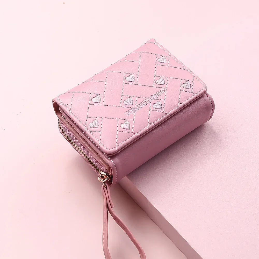 Portefeuille Femme Mignon Cœur Brodé Cuir PU - Trifold Multi-Cartes avec Porte-Monnaie