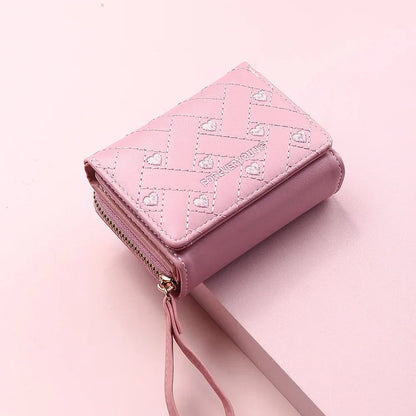 Portefeuille Femme Mignon Cœur Brodé Cuir PU - Trifold Multi-Cartes avec Porte-Monnaie