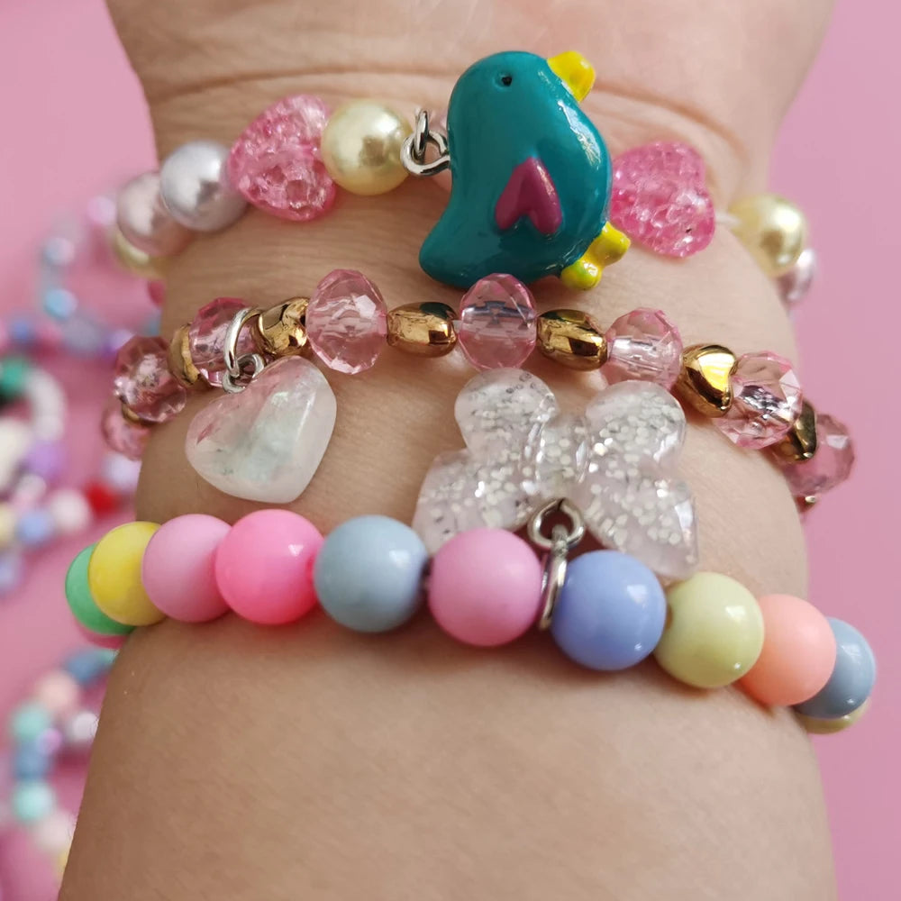 Ensemble 5 Bracelets Perles Licorne Cartoon Cœur Étoile – Élastique Candy Coloré Filles