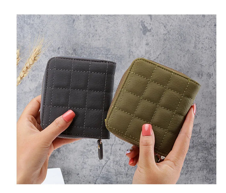 Portefeuille Court Femme Cuir PU à Carreaux - Petit Porte-Cartes Zip avec Porte-Monnaie