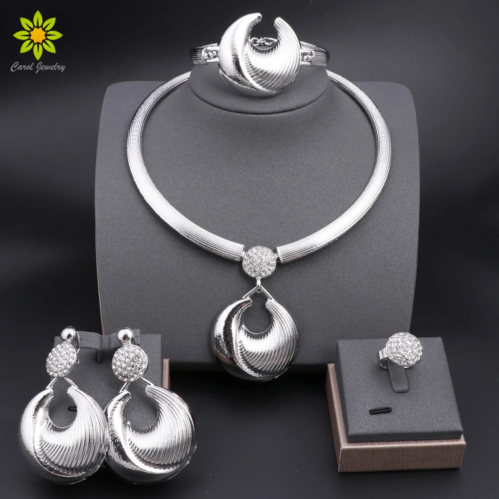 Ensemble Bijoux Dubai Luxe Plaqué Argent Cristaux – Collier Boucles Bracelet Bague Mariée
