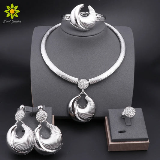 Ensemble Bijoux Dubai Luxe Plaqué Argent Cristaux – Collier Boucles Bracelet Bague Mariée