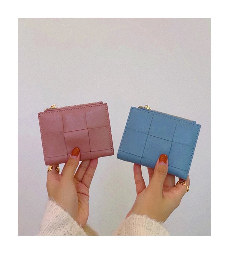 Portefeuille Femme Cuir Tressé - Porte-Monnaie Bifold Multi-Cartes Compact