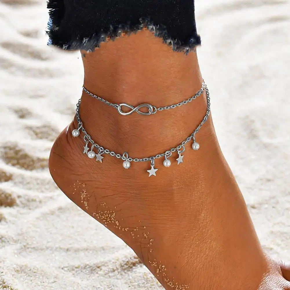 Chaîne de Cheville Bohème Perles Étoiles Pompons – Bracelet Pied Vintage Femme