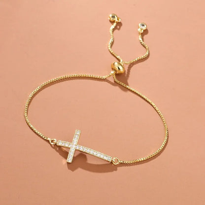 Bracelet Chaîne Cuivre Zircon Croix – Or & Argent Ajustable Unisexe Soirée