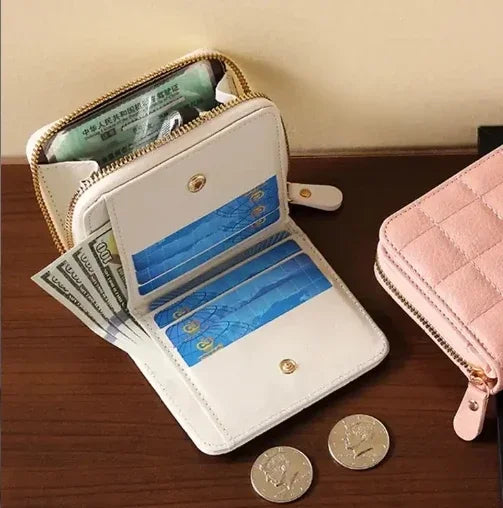 Portefeuille Court Femme Cuir PU à Carreaux - Petit Porte-Cartes avec Zip et Porte-Monnaie