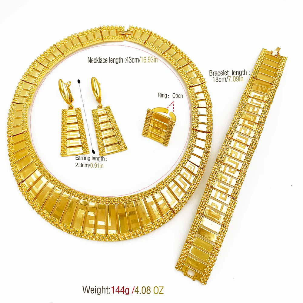 Parure Luxe Dubai Plaquée Or 4 Pièces – Collier Bracelet Boucles Bague Haut de Gamme