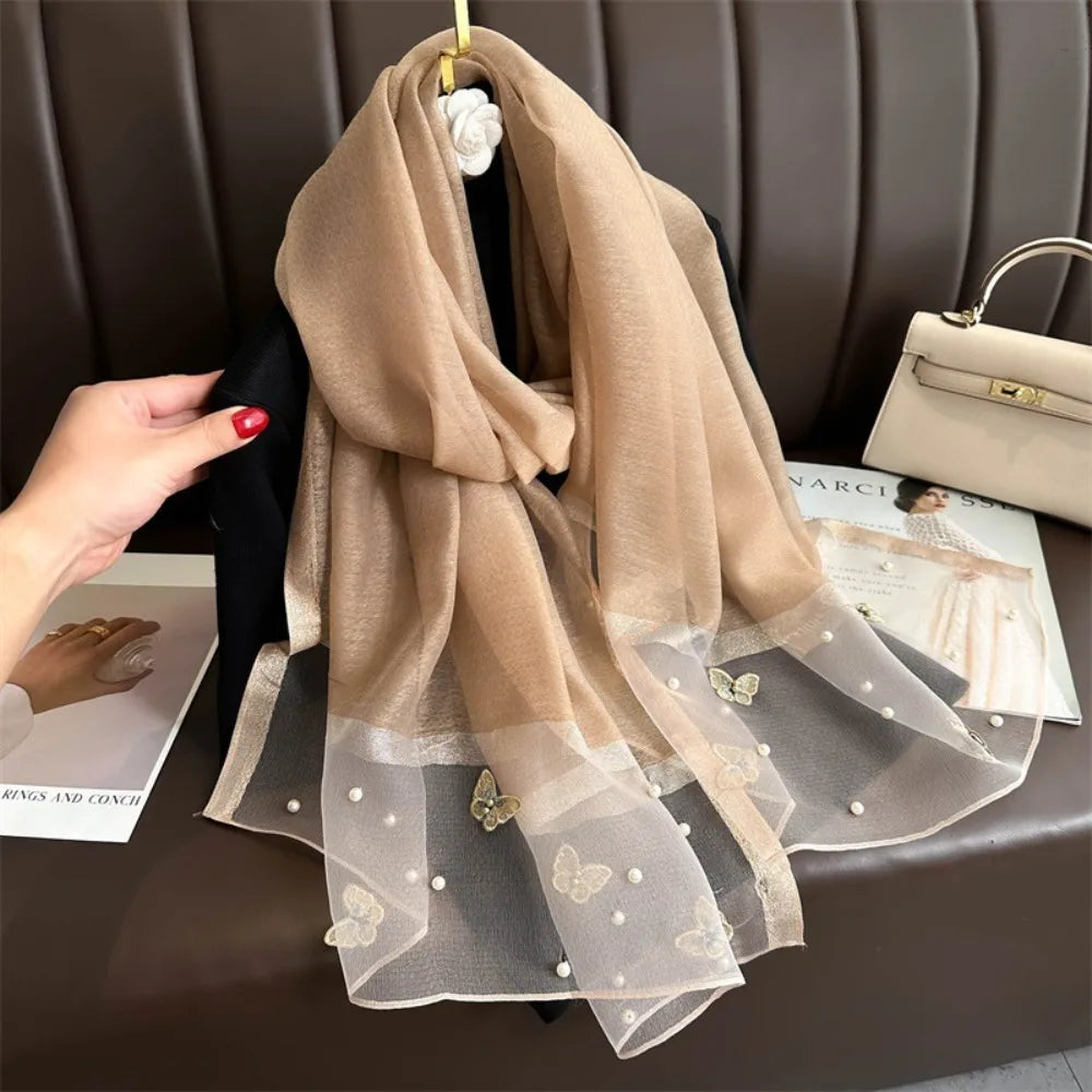 Foulard Soie Broderie Papillon Femme - Écharpe Châle Hijab Luxe Léger Élégant