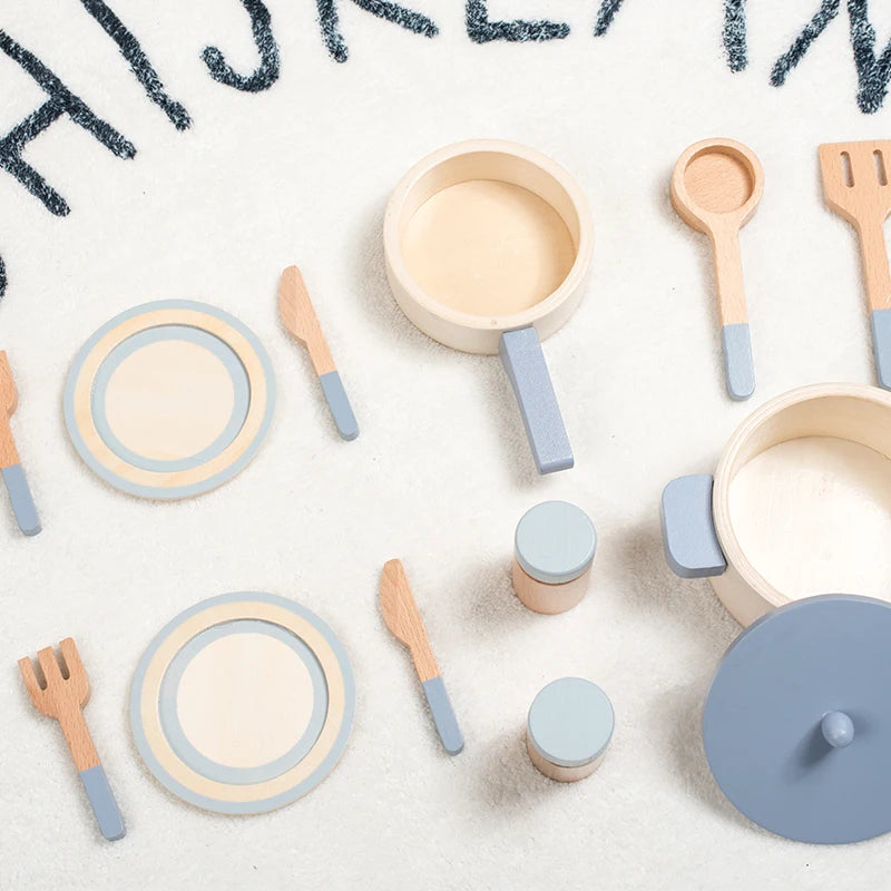 Cuisine Jouet en Bois Bleu - Set Chef Complet Casseroles et Aliments pour Jeu de Rôle 3-6 Ans