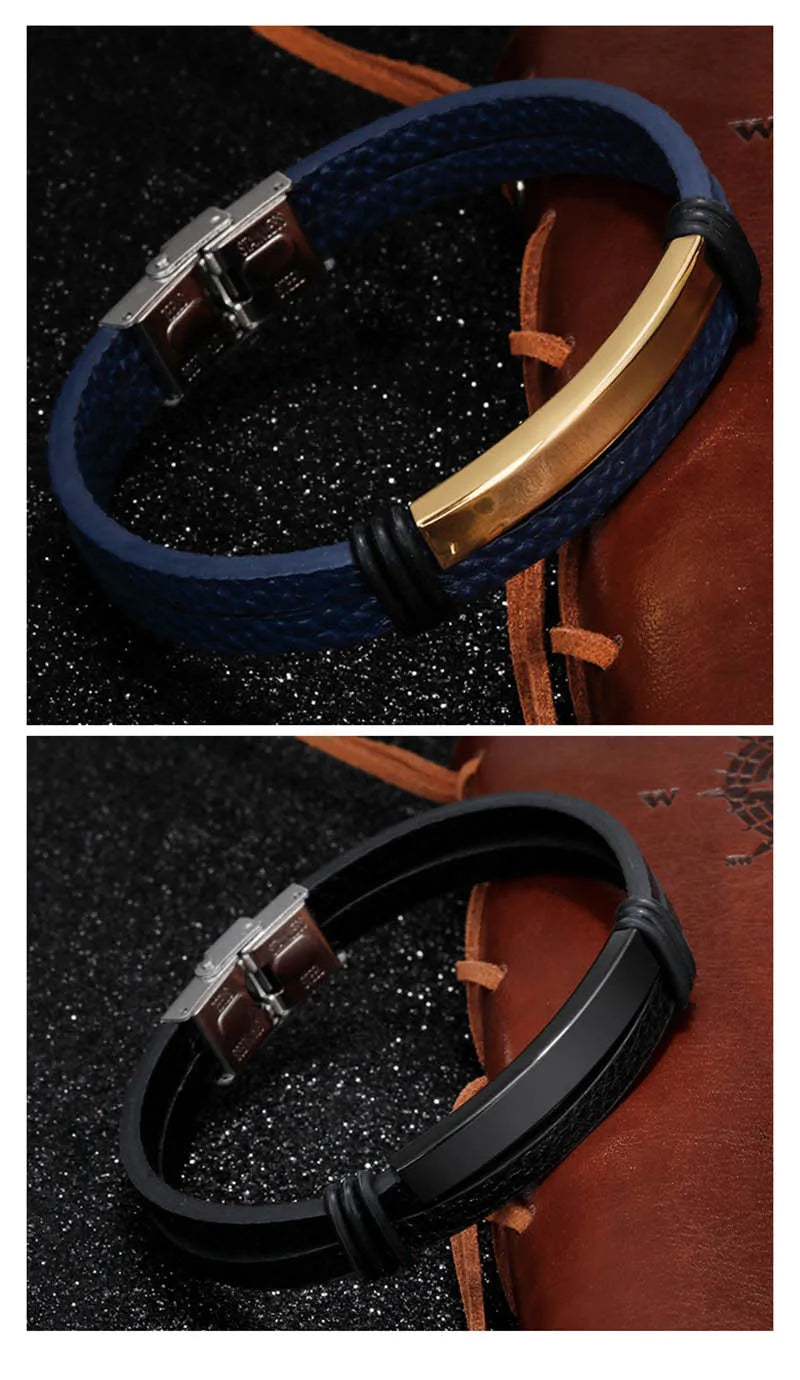 Bracelet Enroulé en Cuir pour Homme avec Charm en Acier Inoxydable