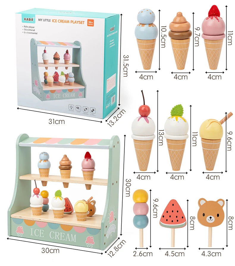 Comptoir de Crème Glacée en Bois - Jouet Montessori 40+ Pièces avec Monnaie pour Enfants 3-6 Ans