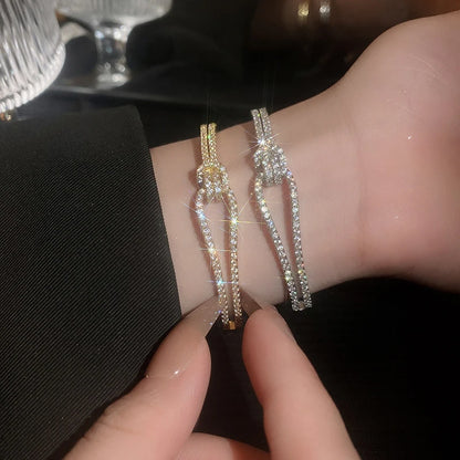 Bracelet Manchette Zircon Plein Cuivre Plaqué Or – Nœud Minimaliste Femme Mariage Soirée