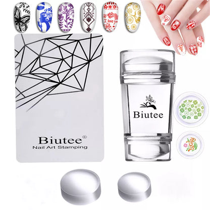 Kit Stamping Ongles Transparent avec Raclette - Tampon Silicone Gel pour Nail Art Manucure