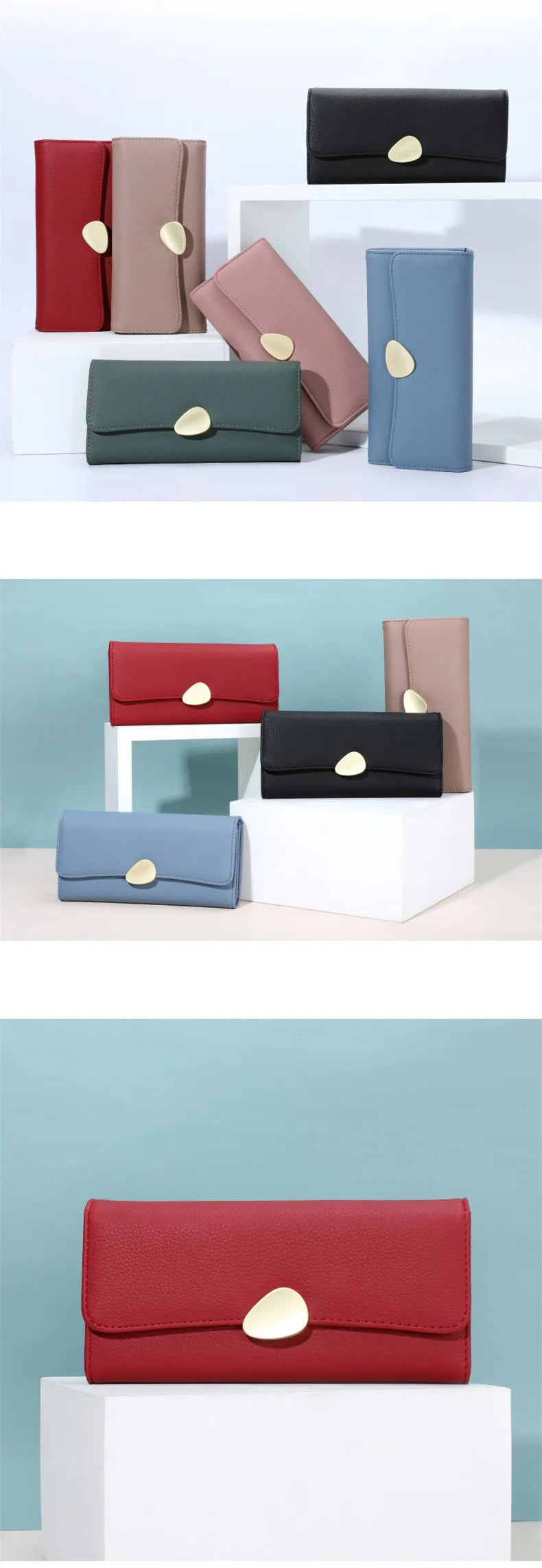 Portefeuille Femme Long Cuir Simple Fashion - Porte-Carte Crédit Porte-Chéquier Rouge Kaki Élégant