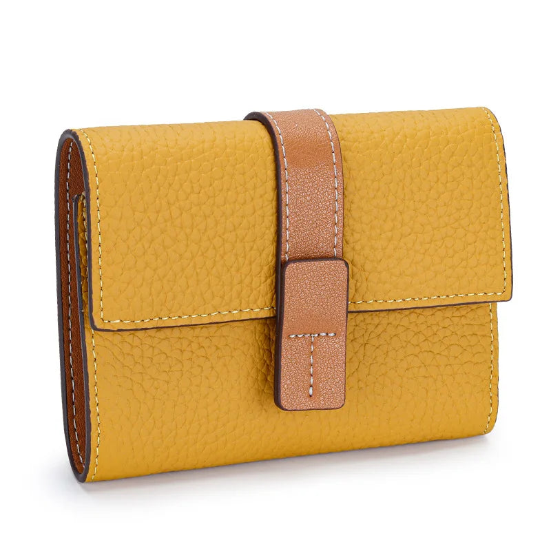 Portefeuille Femme Court Cuir Véritable Trifold - Porte-Monnaie Zippé Grande Capacité Contraste Marron