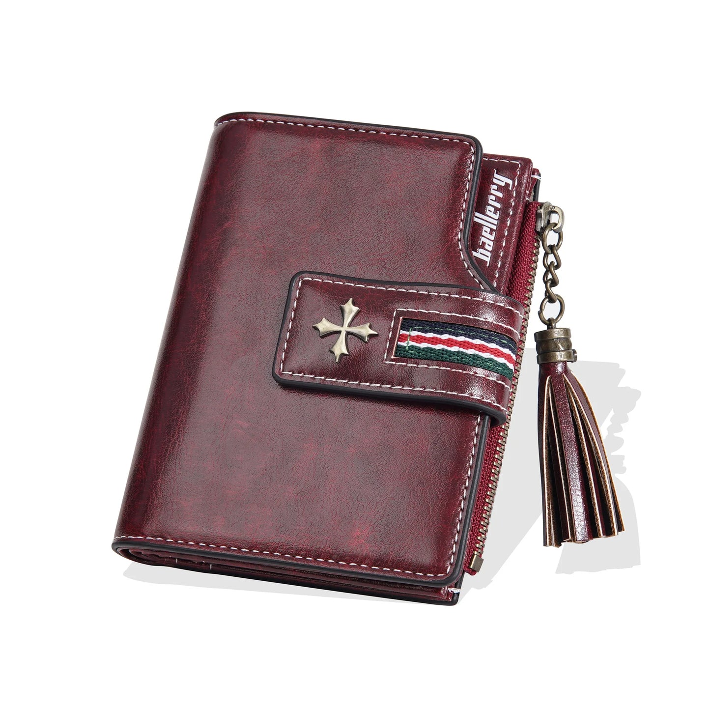 Portefeuille Femme Cuir Ciré Glands - Porte-Monnaie Tri-Fold Multi-Fentes Fermeture Éclair